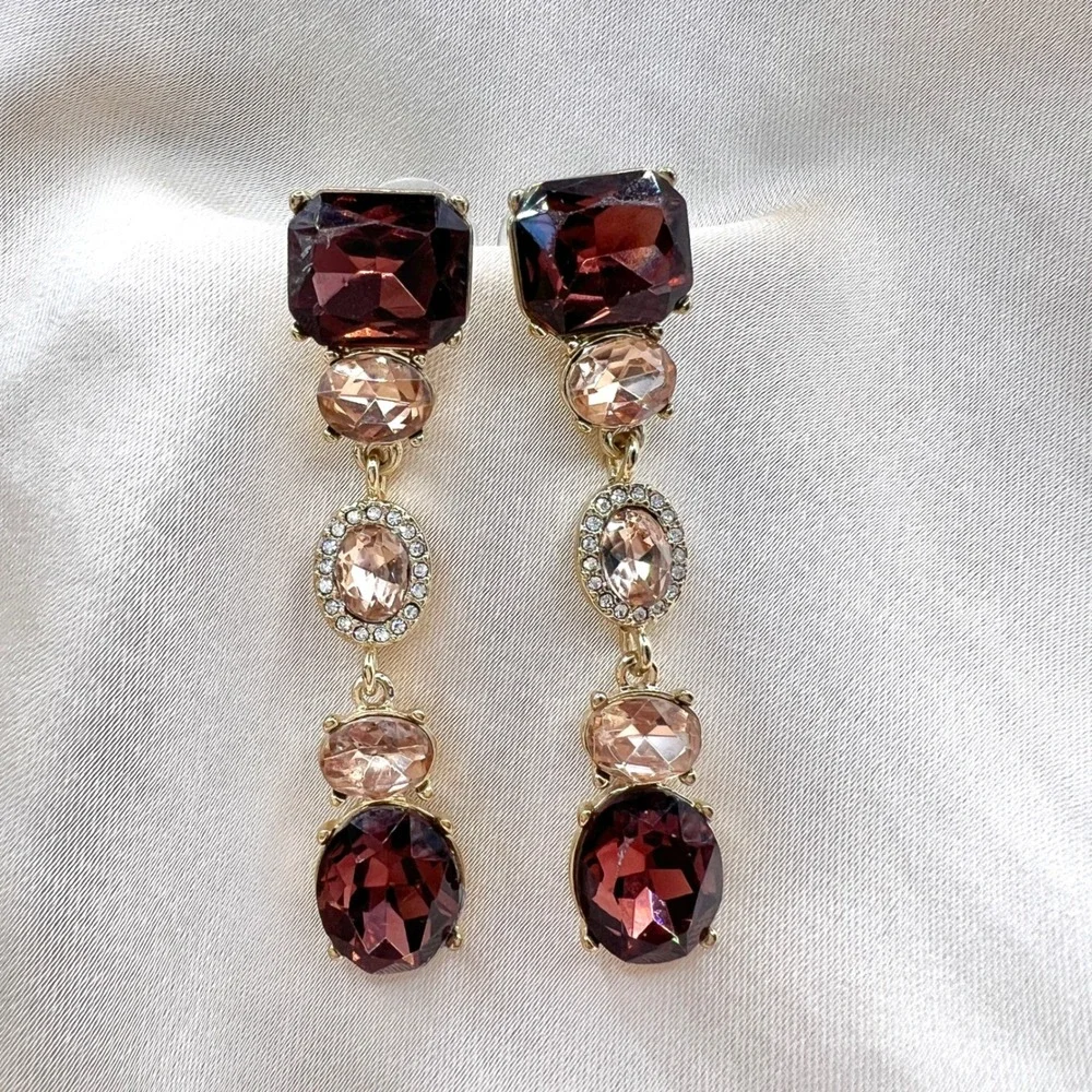Banana Republic Gold Tone Plum Burgundy Resin Crystal Halo Linear Drop Earrings